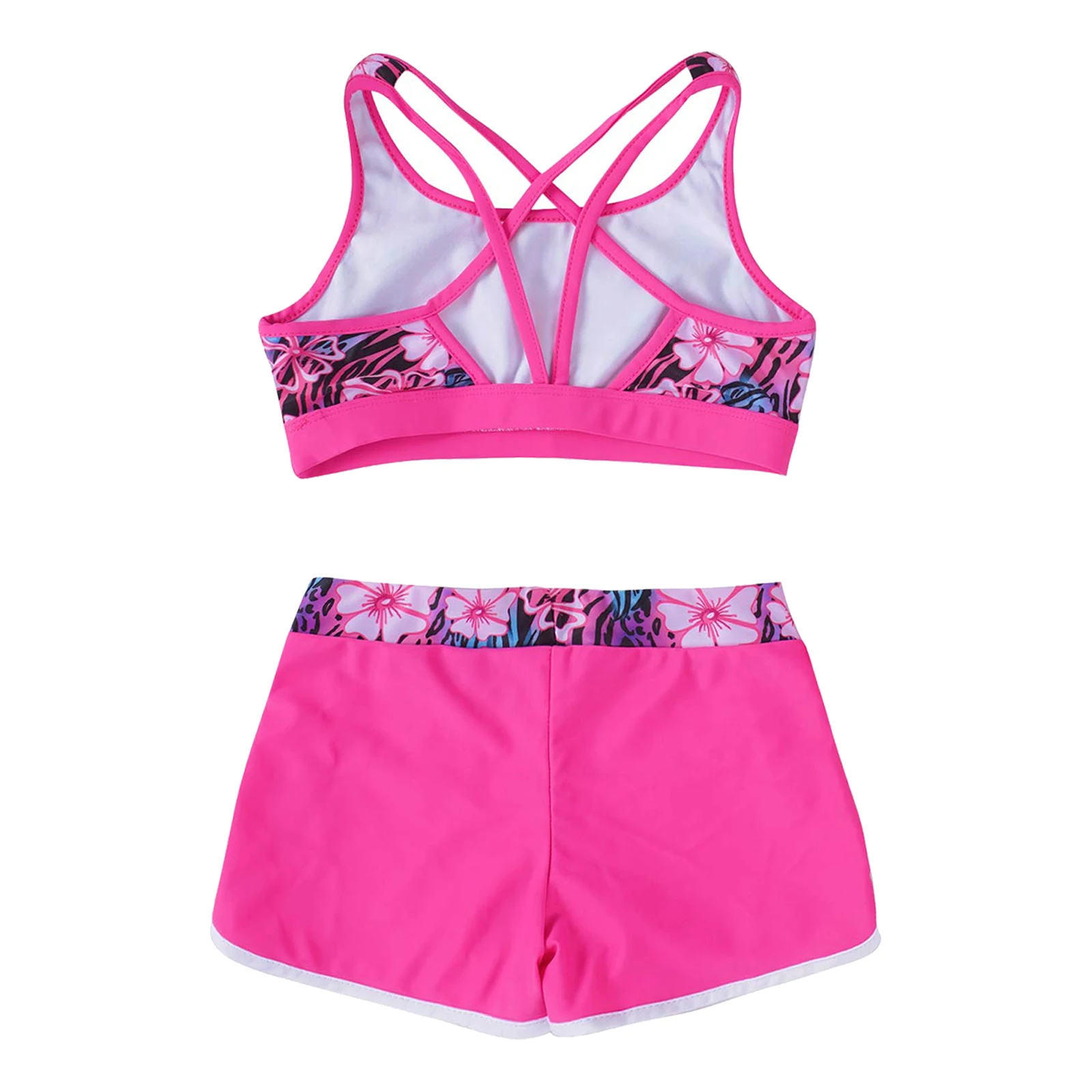 Kids Girls Printed Swim Suits Beach Wear Strappy Back Sleeveless Crop Top with Shorts Tankini Swimwear Set Swimming Bathing Suit