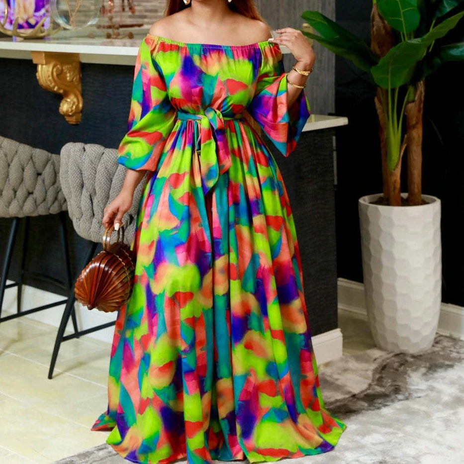 

Women Dress Sexy Long Dresses Maxi A Line Pleated Print Off Shoulder Slash Neck Puff Full Sleeve Sexy High Waist Vestidos 2024