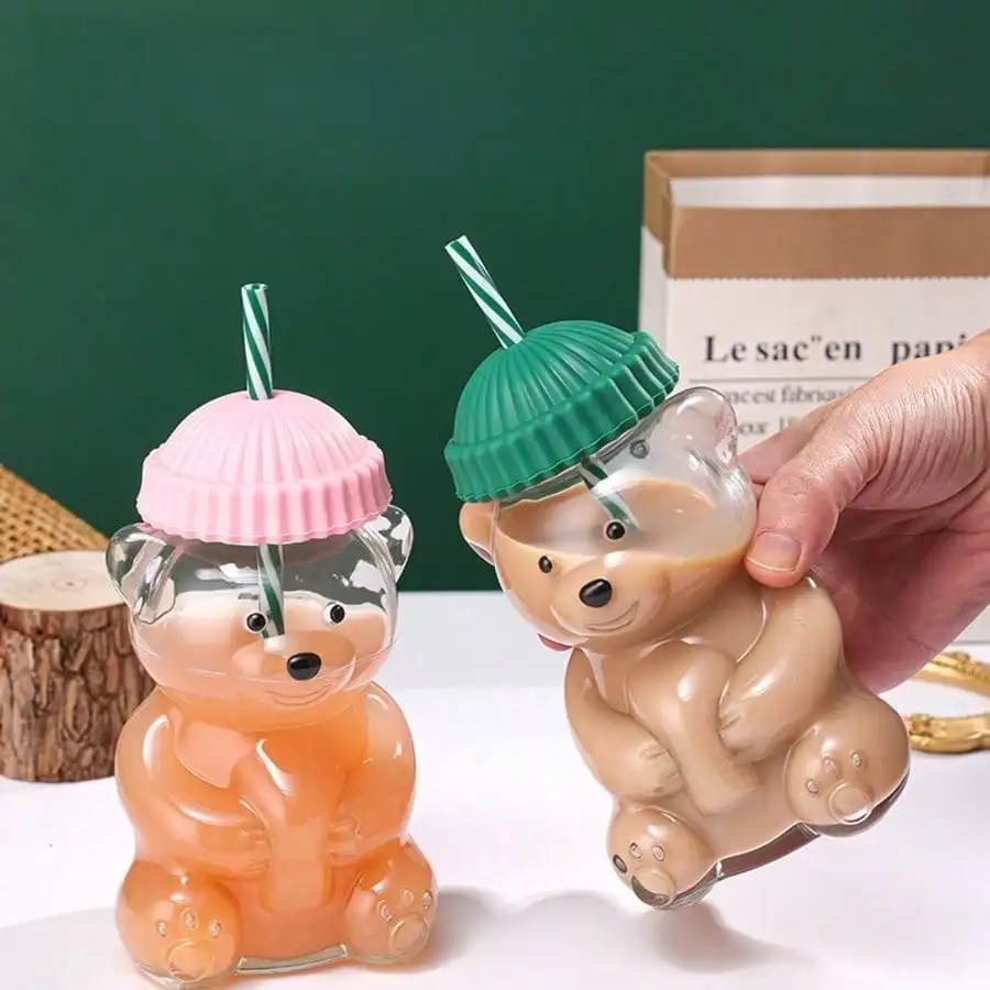1pc Green hat teddy bear cold drink cup,fashionable hot selling cold drink cup,easy to carry,essential for home travel view 2
