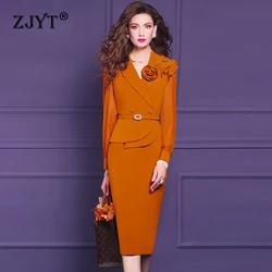 ZJYT Elegant Lady Blazer Pencil Dresses for Women Office Autumn 2024 New Long Sleeve 3D Floral Cocktail Party Dress Plus Size