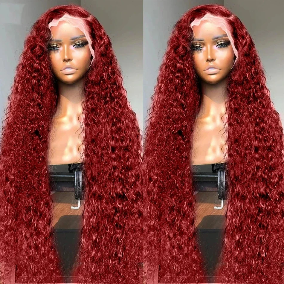 Perruque Lace Front Wig Deep Wave Brésilienne Naturelle, Cheveux Humains, Couleur Rouge Bordeaux 99J, 13x4, 13x6, Transparent HD, pour Femme