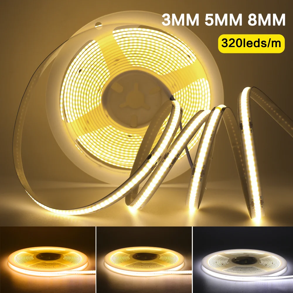 3MM 5MM 8MM COB Strip 5V 12V 320LEDs/m Flexible FOB LED Light Bar Warm Natural White Ribbon Tape High Density Linear Lighting