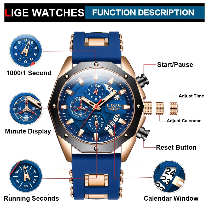 LIGE Blue Silicone Watch For Men Fashion Military Sport Chronograph Clock Male Top Brand Luxury Waterproof Watches Montre Homme