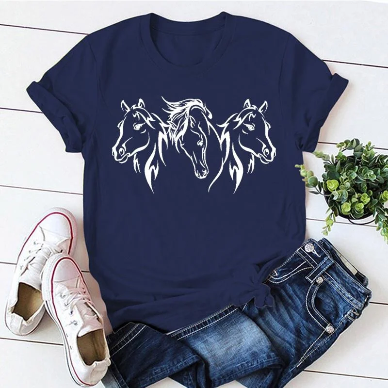 Cute Horse Head Print T-shirts For Women Summer Lovely Short Sleeve Casual T-shirts Funny Ladies Round Neck Tops