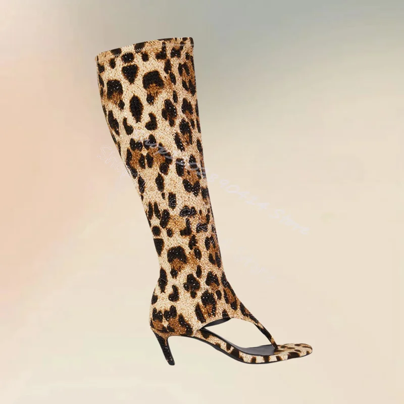 

Leopard Print Rhinestone Flip Flop Sandals Boots Side Zipper Women Shoes Thin High Heels Fashion Party 2024 Zapatos Para Mujere