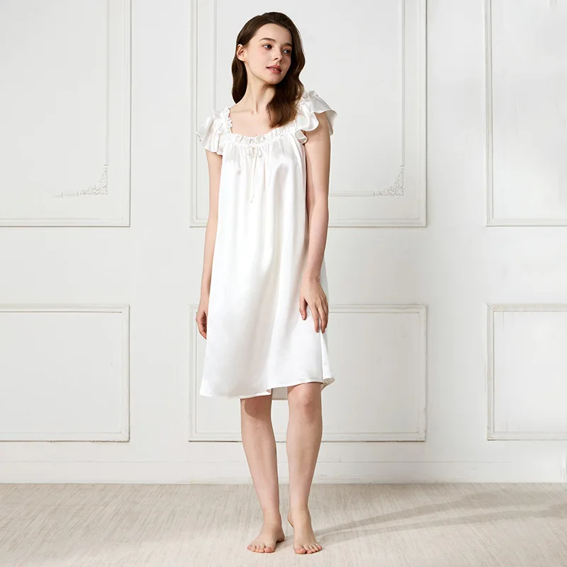 Women 100% Pure Mulberry Silk Nightdress Elegant Ruffle Trim Pajama Dress Square Neck Soft Satin Loose Nightgown For Sleepwear