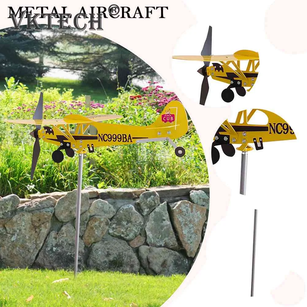 3D Plane Garden Weather Vane Plug Decor Anti-corrosion Metal Airplane Plug-in Windmill Weatherproof Ornaments for Outdoor Garden