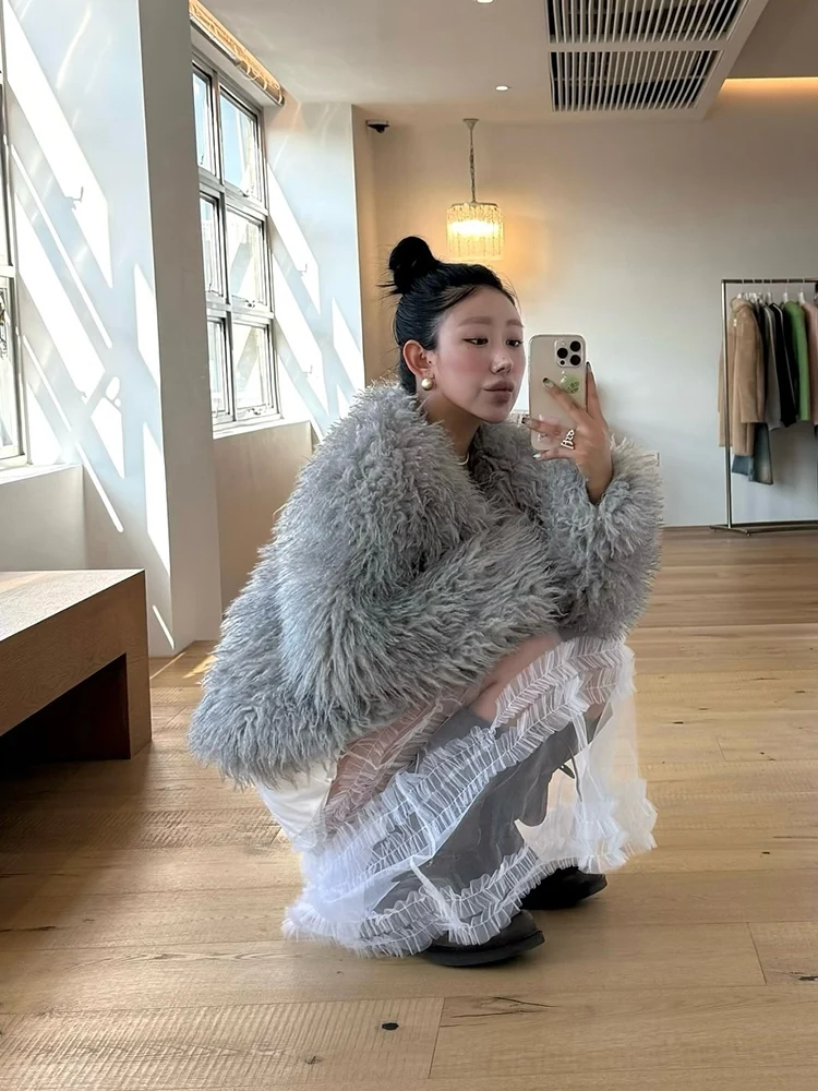 Winter Nieuwe Warme ort Bont Jaet Jong Sle ey Kleur vrouwen Jas Koreaanse Versie Lange Sve ronde Ne Niet- verwijderbaar Ontwerp