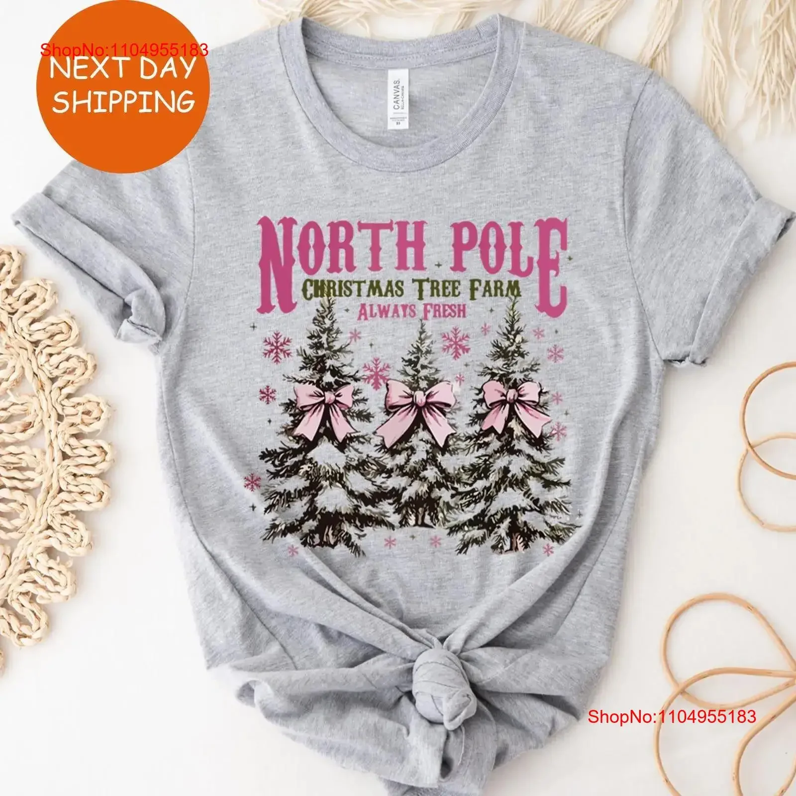 

North pole T shirt Pink Christmas Coquette bow Season tree Top s vintage Washed Unisex Breathable Slightly Versatile Stylish