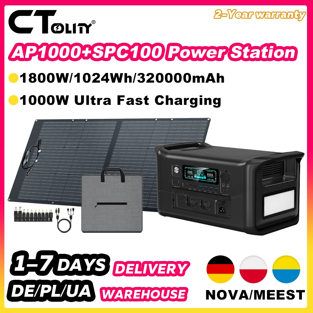 CTOLITY 1800W Tragbare Powerstation 100W ETFE Solarpanel, 1024Wh Reiner Sinuswellen-Solargenerator-Kit für Outdoor-Camping, Notfallgebrauch, Heim-Backup-Stromversorgung, 320000mAh LiFePO4-Akku