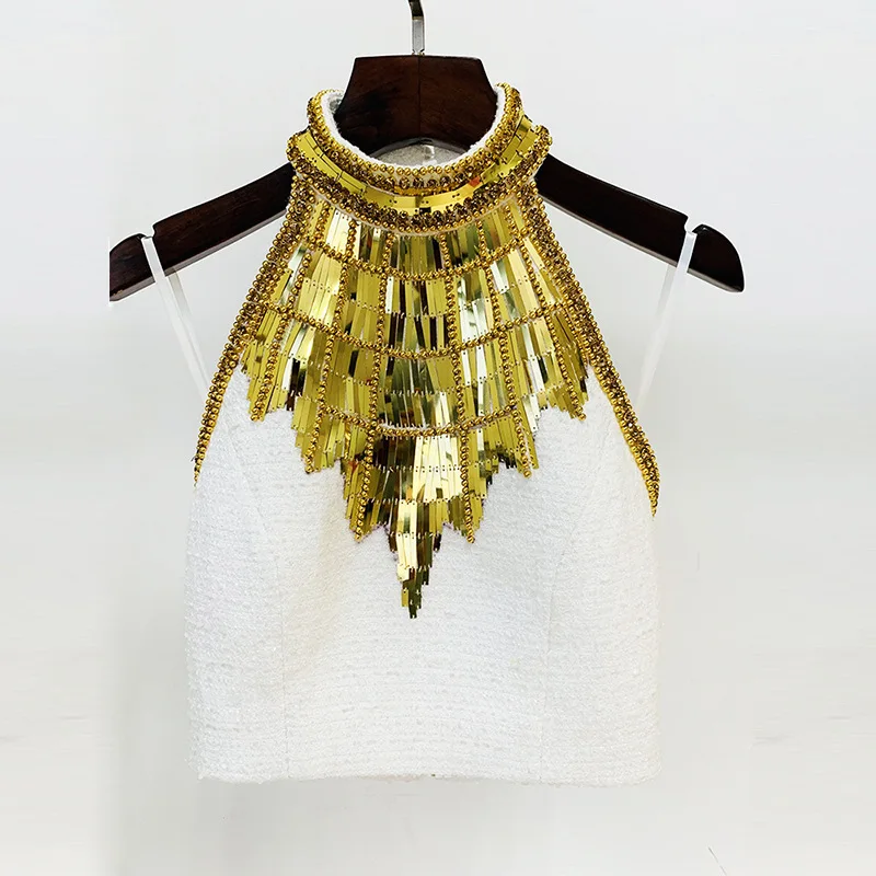 2025 Star Fashion New Heavy Industry Nail Bead Inlaid Diamond Metal Sheet Hanging Neck Vest Top Half Skirt