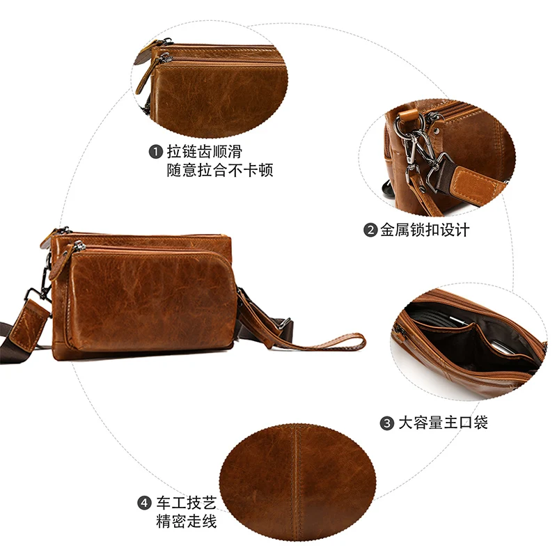 Phone Wallet Clutch Purse Multi-Layer Zipper Compartments Genuine Leather Small Crossbody Bag for Men Casual Daily Travel Sling
