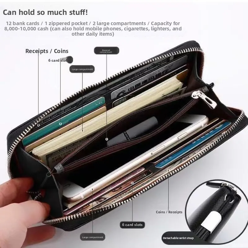 2026 New Large Capacity Long Leather Clutch Bag for Men Mobile Phone Wallet Simple Buckle Handbag Korean Style Student Friendly