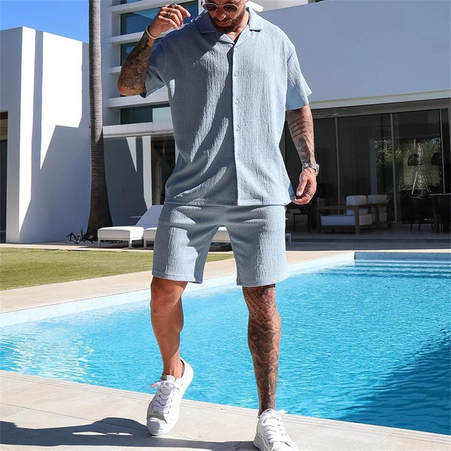 2025 novo conjunto de duas peças masculino manga curta lapela botão camisas e shorts ternos praia roupas masculinas verão streetwear agasalho