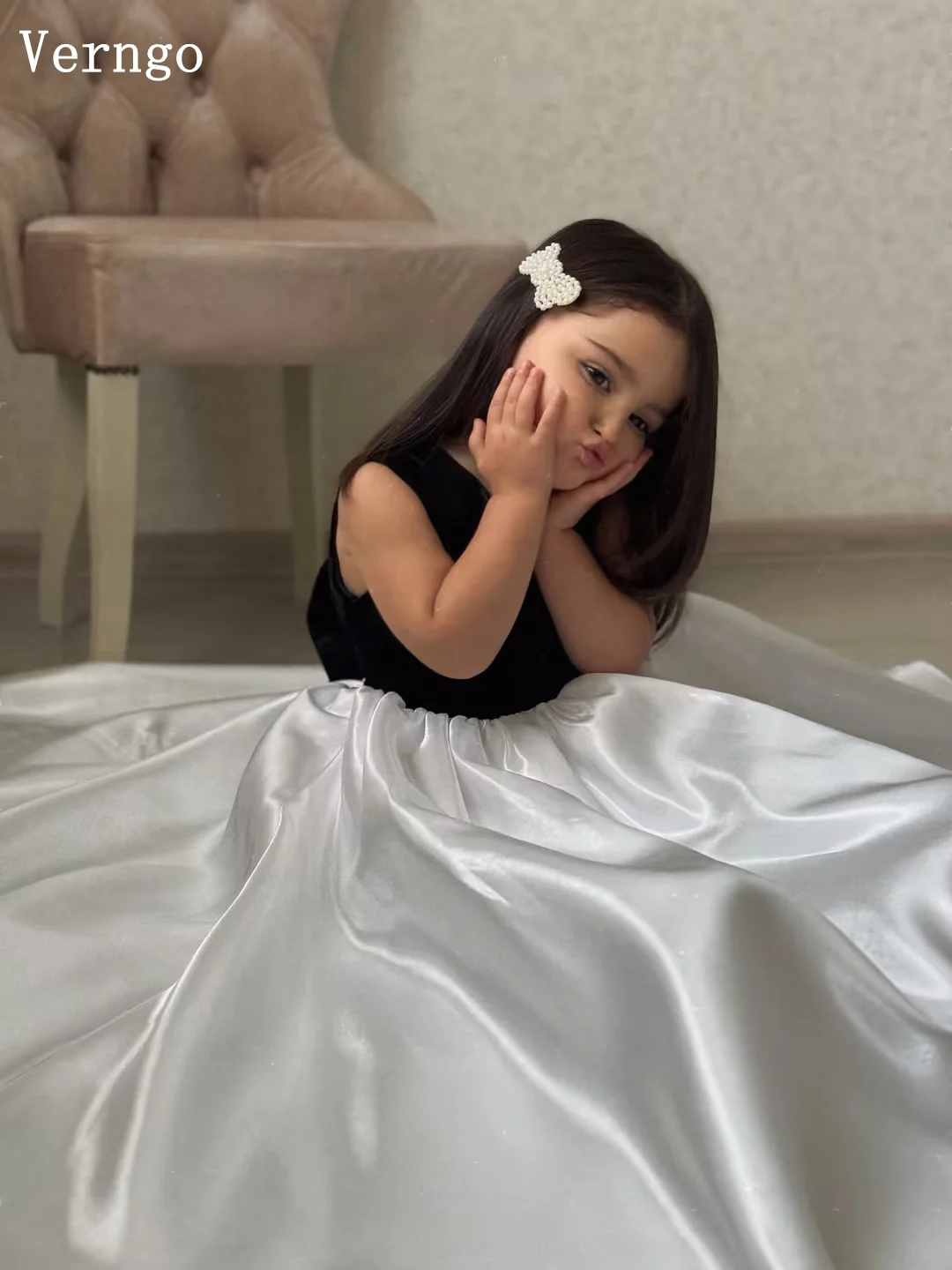 فستان Verngo lvory من الساتان للفتيات على شكل زهور برقبة دائرية على شكل حرف A فستان حفلات أعياد الميلاد بفيونكة الأميرة سويب تراين فساتين حفلات للأطفال مخصصة #3