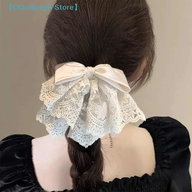 

French Ballet Style Lace Satin Bow Ponytail Hair Clip, Gentle And Sweet Shark Clip Hair Ornament On The Back Of Head【AliS8】