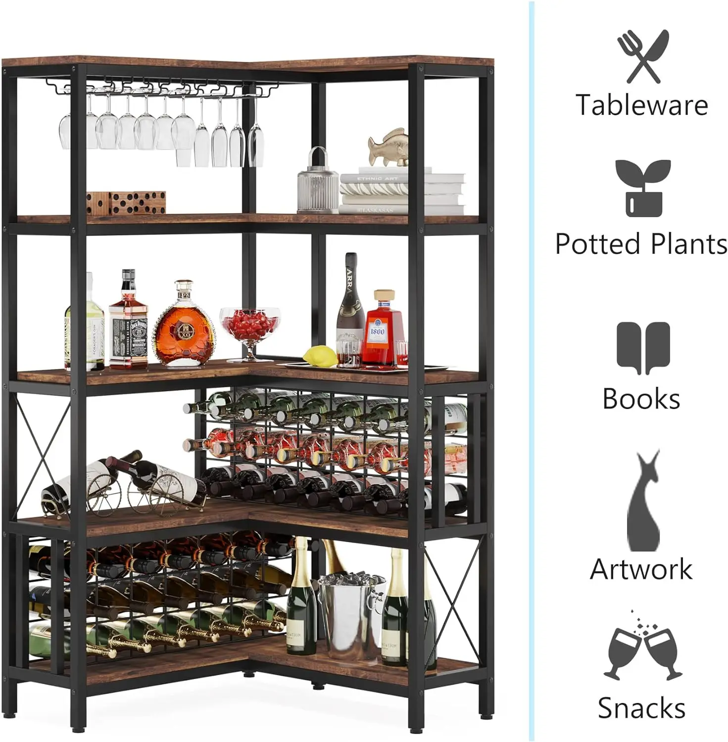 Corner Wine Rack 5-Tier L Shaped Bar Cabinets for Liquor and Glasses Storage for Home Kitchen Dining Room, Rustic Brown