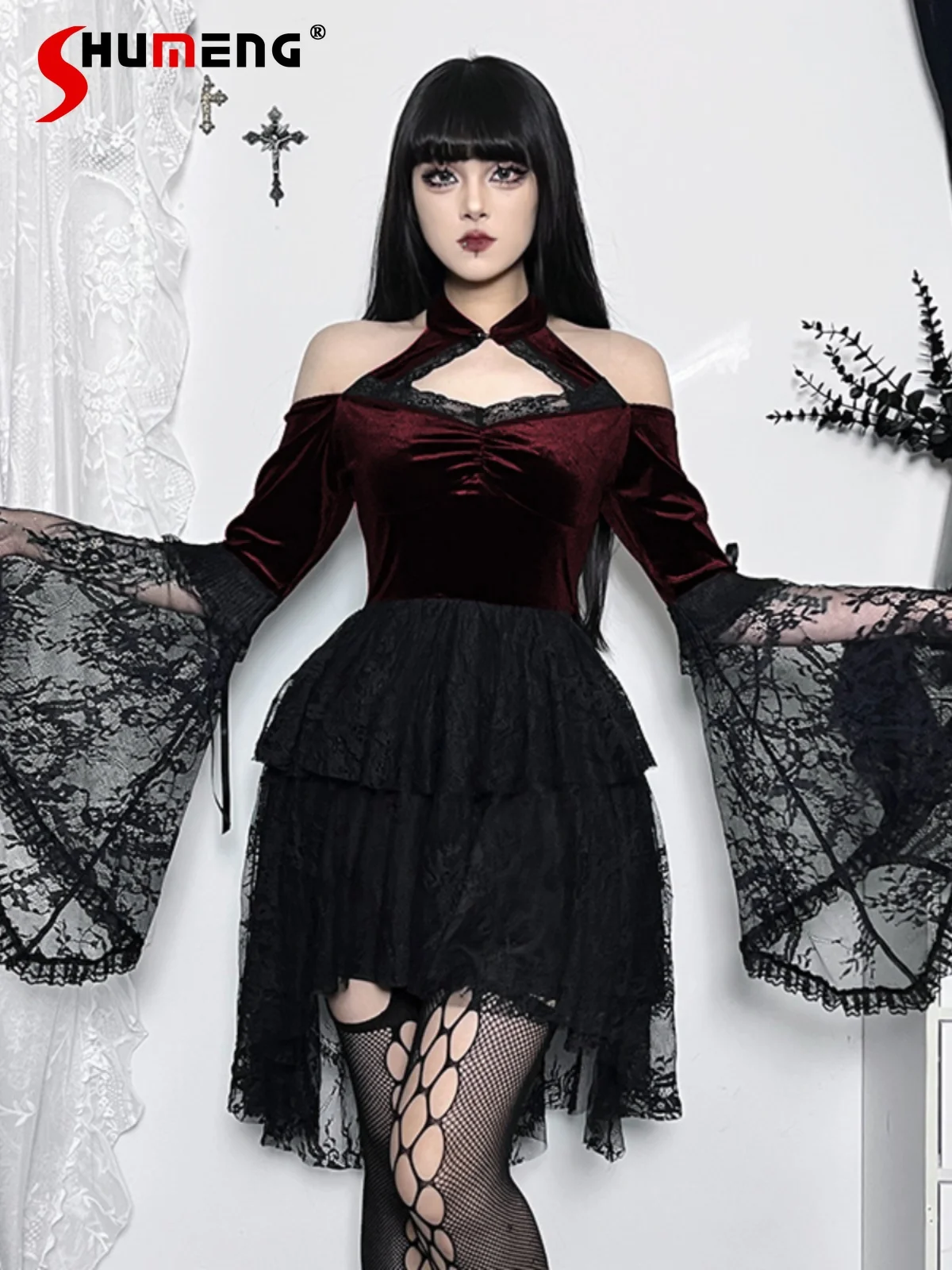 

Hot Girl Gothic Lace Lolita Dress Womens High Waist SlimFit Flared Sleeve Elegant Red Black Irregular Short Dress Autumn Dress