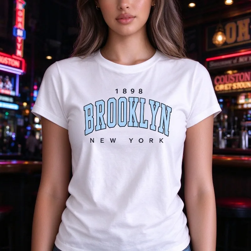1898 BROOKLYN NEW YORK Print T-Shirt Women 100% Cotton Short Sleeve Varsity City Graphic Top Oversized Crewneck Vintage Y2K