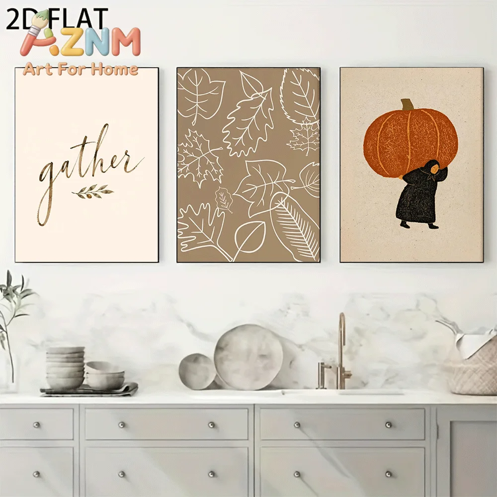 AZNM Frameless Canvas Wall Art, Autumn Gather Text Print, Maple Leaf Line Art Pumpkin Figure Illustration Poster for Fall Farmho