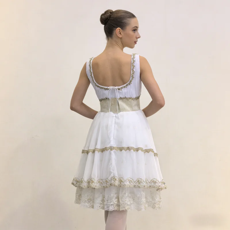 Sleeveless V Neck Ballet Performance Dress Gold Trim Color Rhinestone Irregular Lace Short Dance Skirt Suitable For Stage Shows