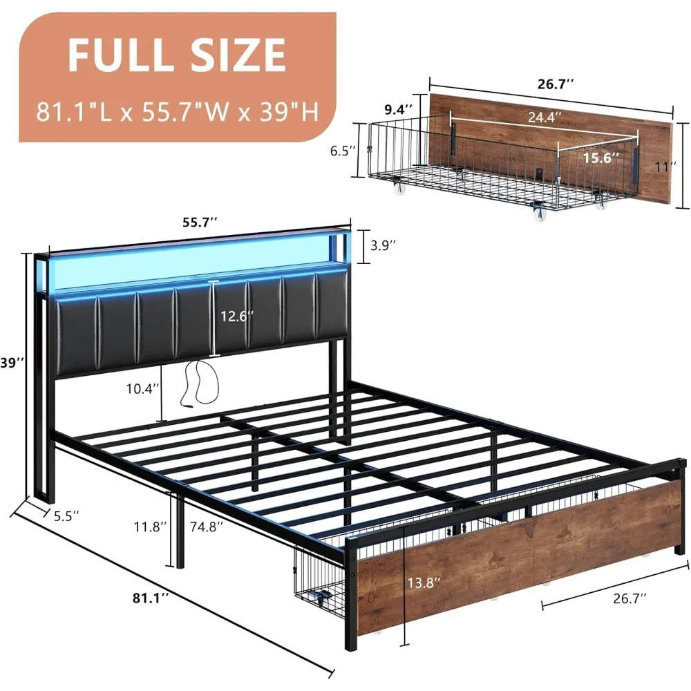 Bed Frame with Drawers,Queen Platform Bed Frame with 2-Tier Storage&Leather Upholstered&Charging Station Headboard,Rustic Brown