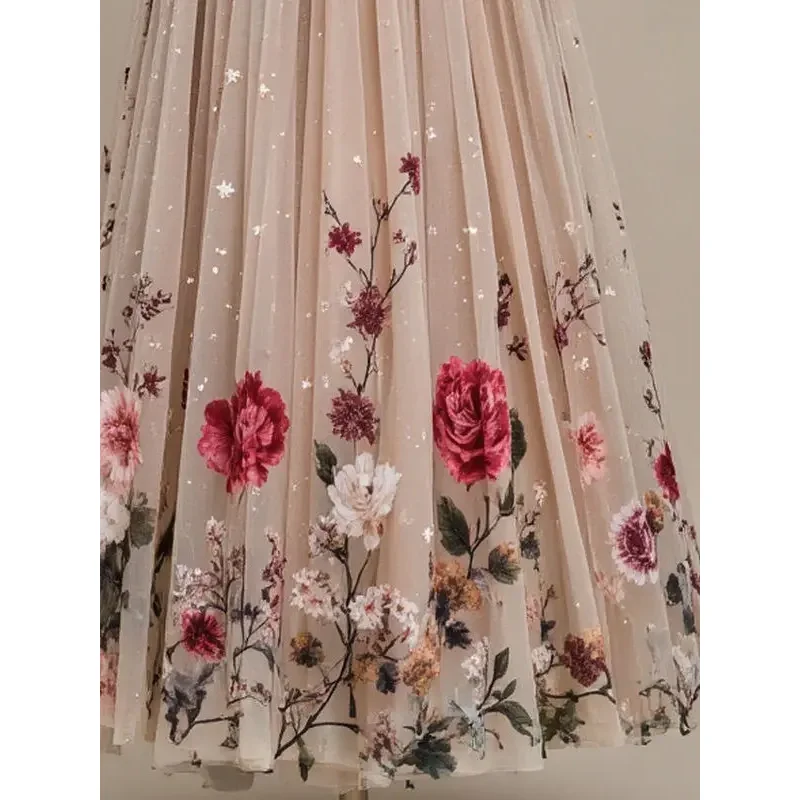 Grande taille Frence esthétique fleur imprimé maille fluide jupe femmes tempérament doux a-ligne taille haute mi-longue jupes complètes