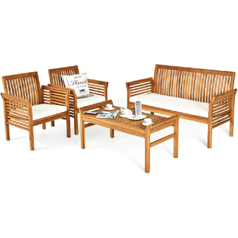 

4 Piece Outdoor Acacia Wood Sofa Set with Water Resistant Cushions, Padded Patio Conversation Table Chair Set