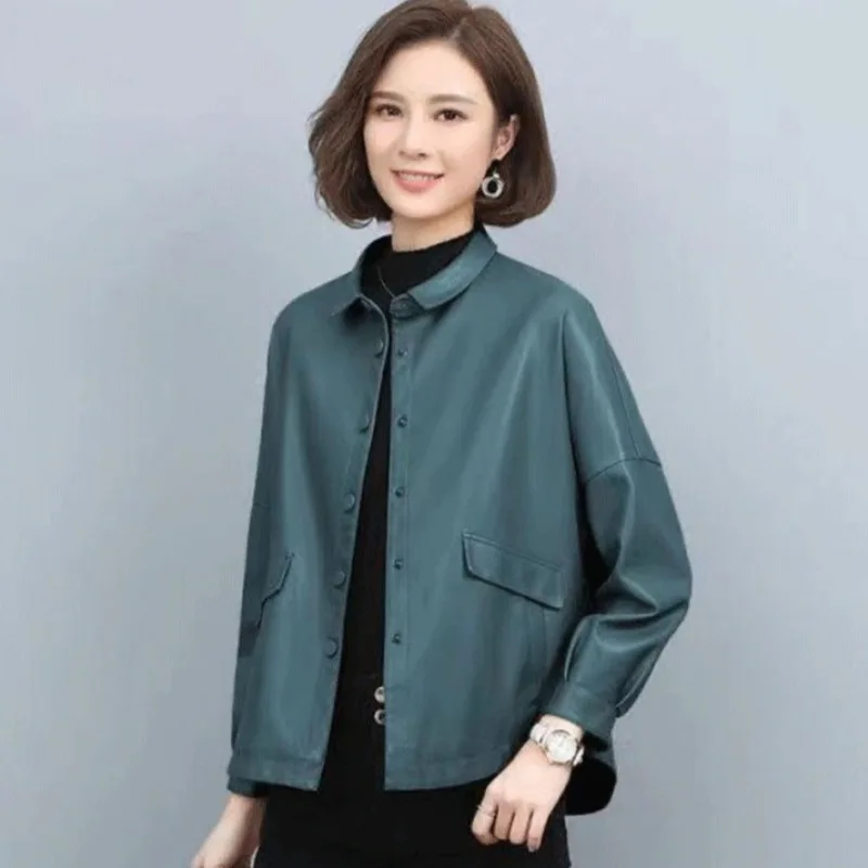 Jaqueta de couro feminina lapelas único breasted emendado bolso jaqueta primavera outono estilo fino moda tamanho grande casaco feminino