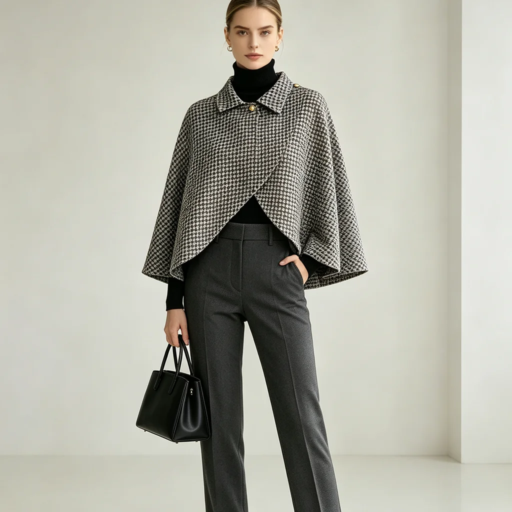 Women's Short Coat with Lace-Edge Pattern and Blended Fabric, with a Turned-Up Collar and Batwing Sleeves. It Has an Elegant Sty