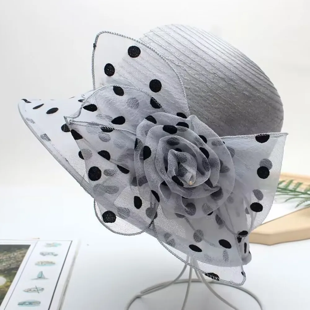 

Summer Polka Dot Sun Hat Organza Sun Protection Basin Hat Solid Color Breathable Bowler Hat