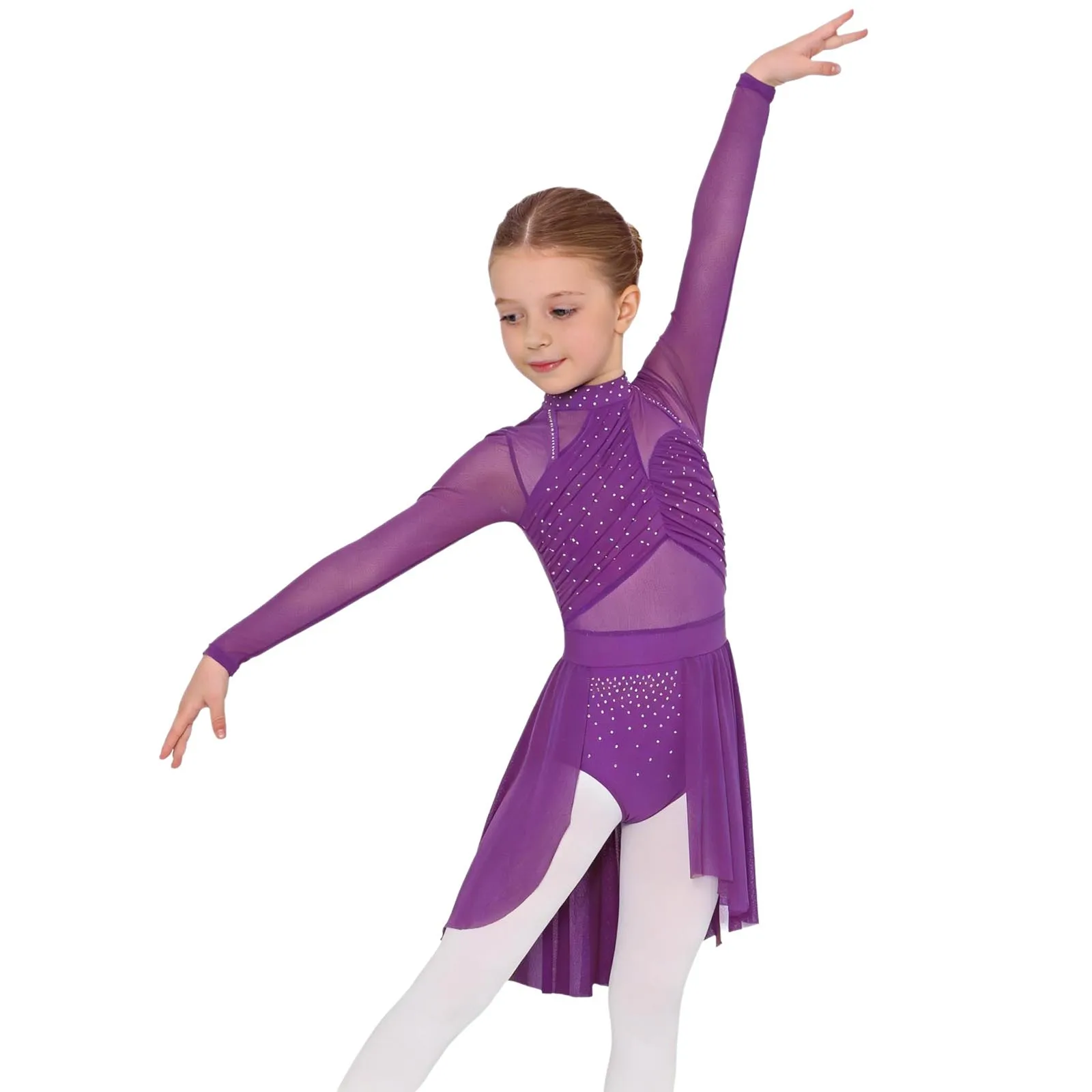 Kids Girls Lyrical Dance Dress Shiny Rhinestone Mesh Leotard Tutu Figure Skating Gymnastics Acrobatics Ballet Modern Dancewear