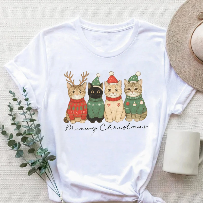 

Christmas Cat Shirt Meow! Christmas Santa T-Shirt Happy Holidays Tops Christmas Tee Gift for Cat Lovers