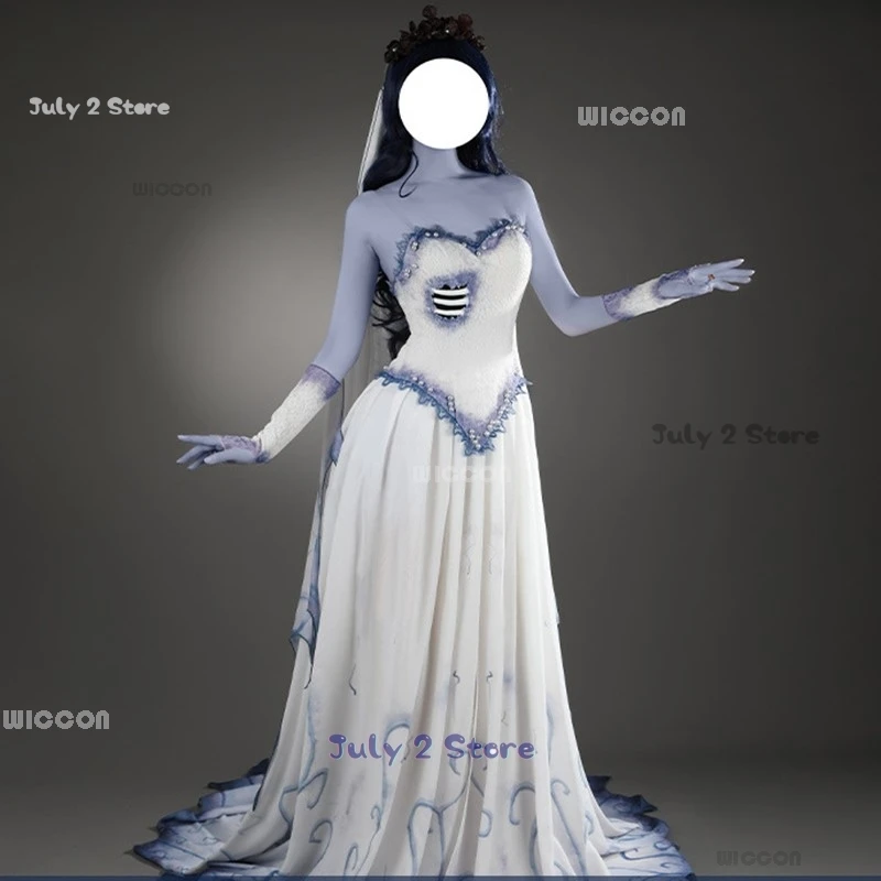 Corpse Masquerade Bride Emily Cosplay Fancy Dress Costume Wig Zombie Ghost Halloween Party Dress up Women Scary Gothic Suits