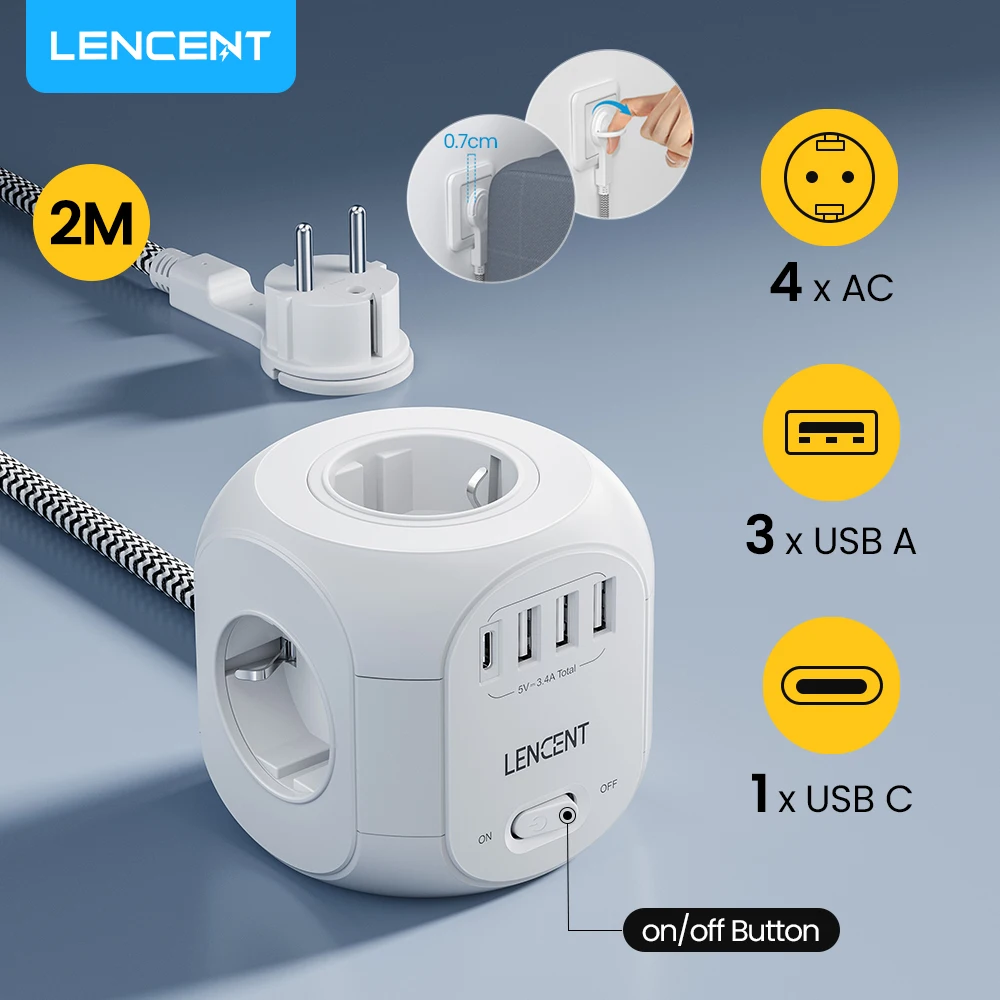 LENCENT Upgraded Power Strip Cube with  4 AC Outlets 3 USB Port 1 Type C 2M Braided Cable Multi Socket with Switch for Home
