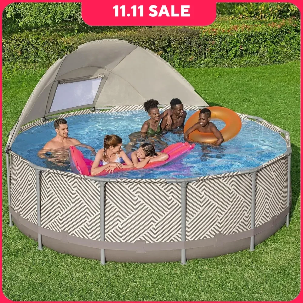 Swimming Poor, Round Above Ground 2,941 Gallon Pool Set with DuraPlus Liner, Pool Filter, Canopy, Ladder, Outdoor Swimming Poor