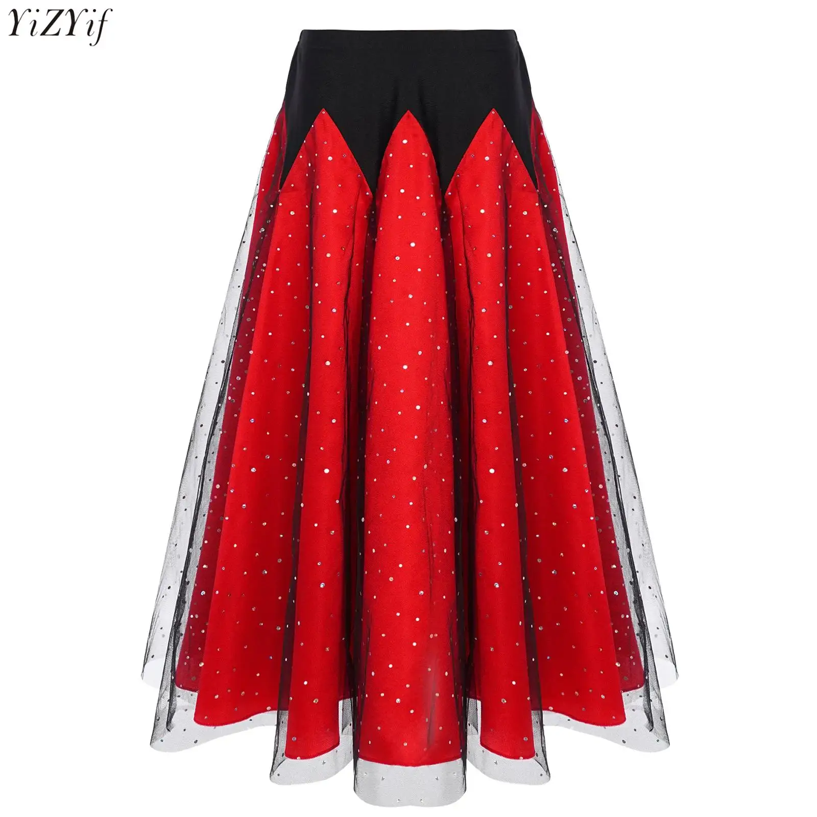 

Kids Girls Waltz Ballroom Dance Skirt Spanish Flamenco Dresses Glittery Sequins Color Block Elastic Waist Ruffled Tulle Skirt
