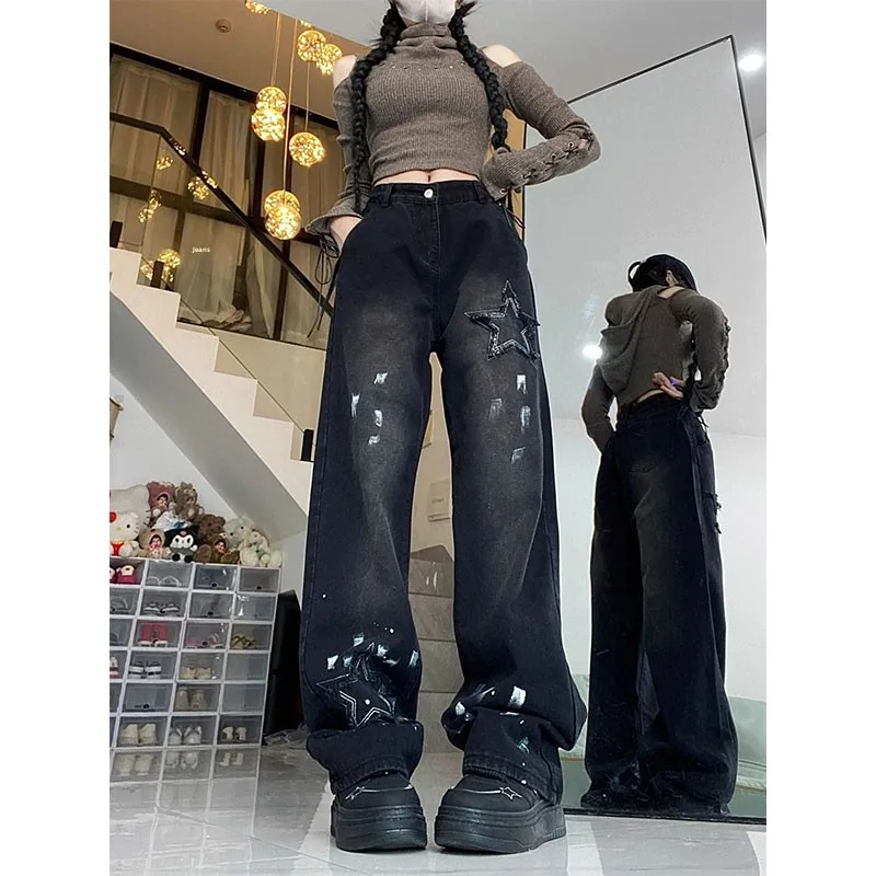 

American Retro Large Size Straight Leg Jeans with Star Design Casual Spring ex Wide Leg Pants Youth Faion Wear Resistant
