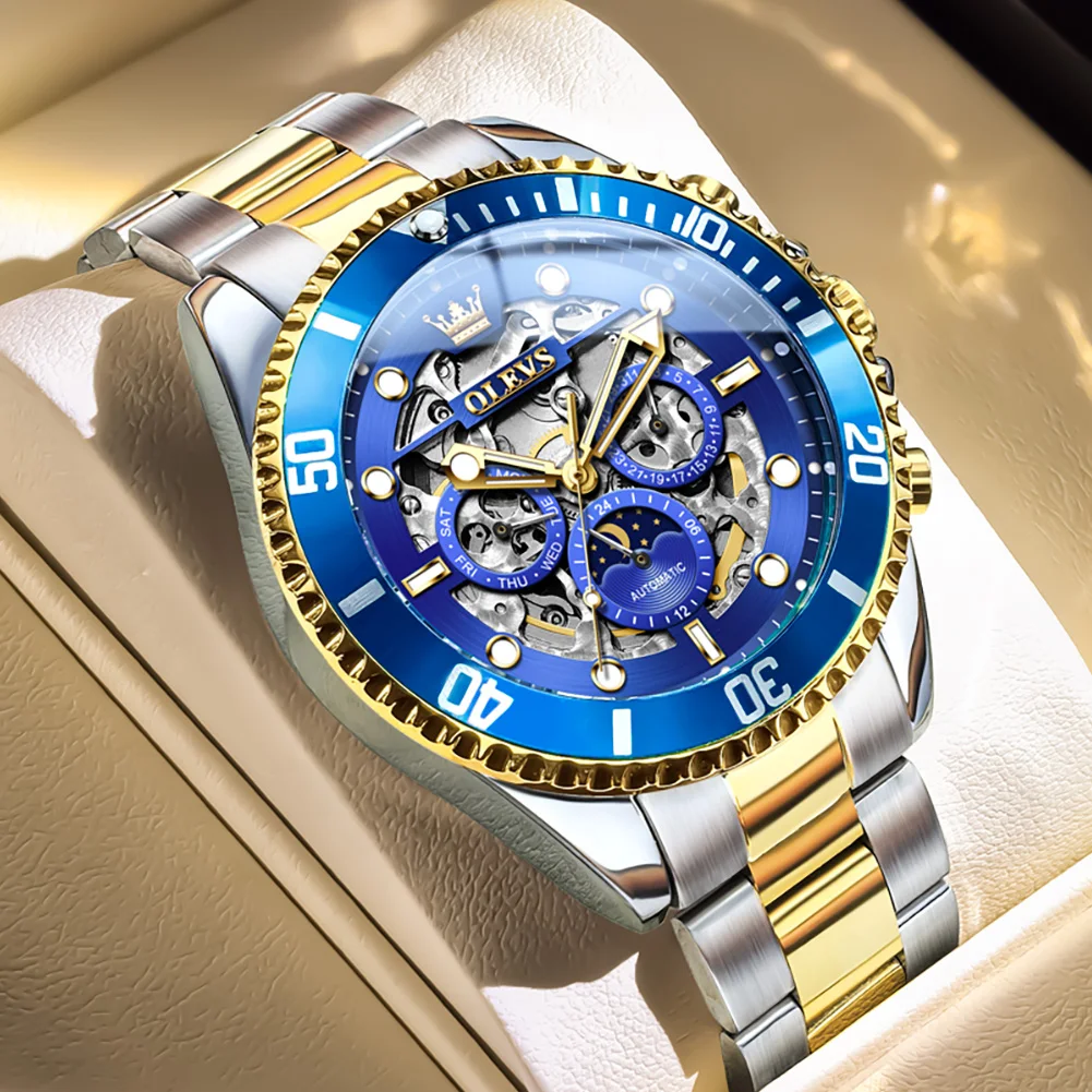 

OLEVS брендовые роскошные автоматические механические часы, деловые часы с датой недели, 30 м, водонепроницаемые часы из нержавеющей стали с полым скелетом, подарок