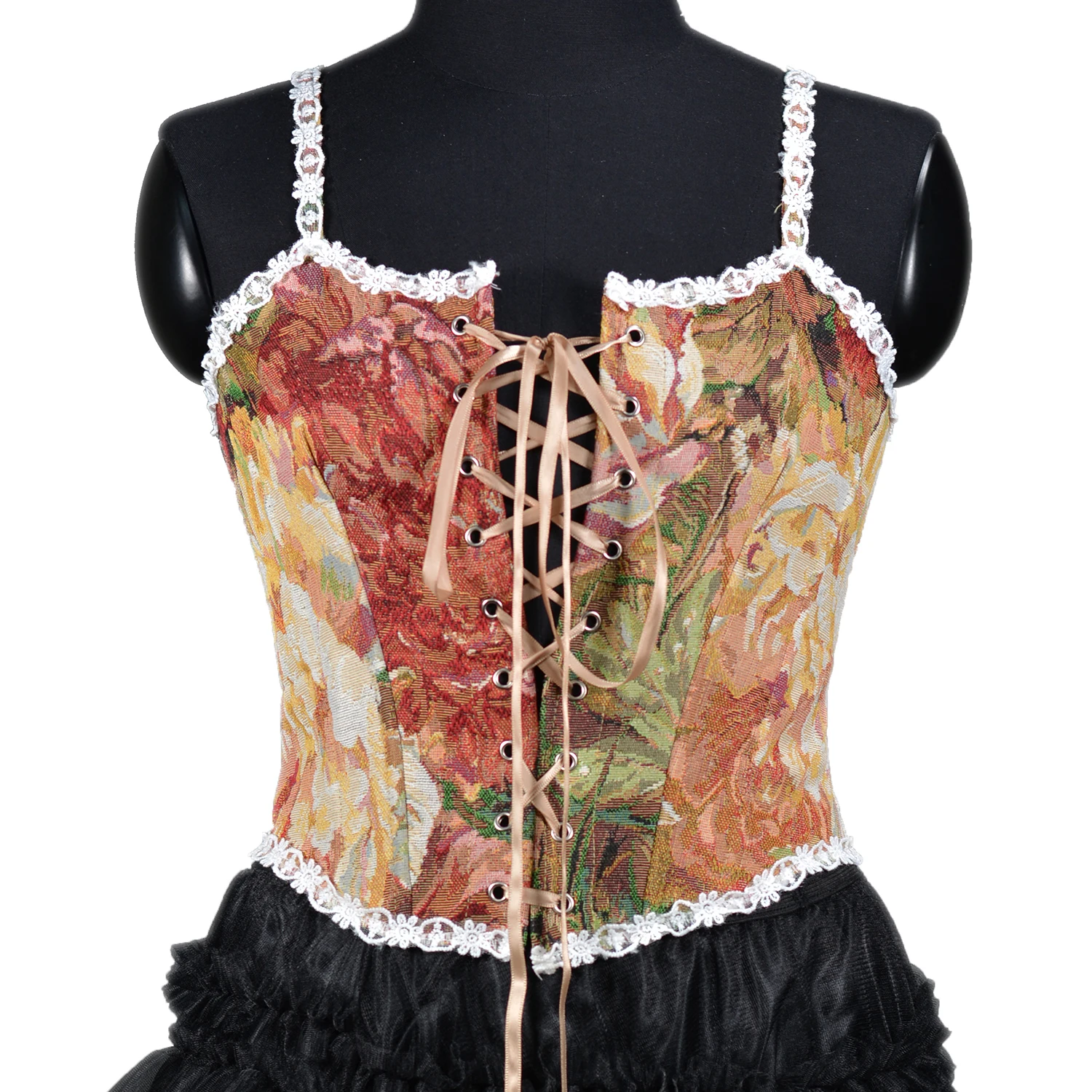 

Винтажный корсет в стиле бохо с красным пионом, укороченный топ с красной лентой и завязками на тонких бретельках