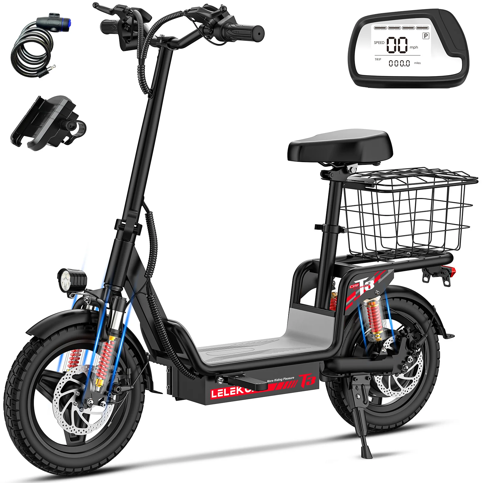 

500 pound electric scooter, 20-25MPH, 650W motor, 30 mile range, dual suspension, foldable scooter with 14 inch tires and basket