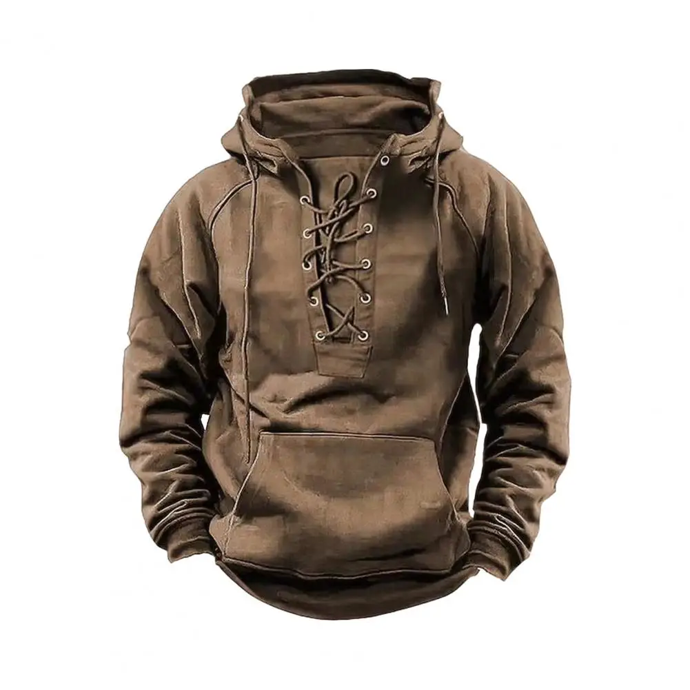 Men Fall Hoodie Spring Hoodie Men's Retro Lace-up Hoodie with Patch Pocket Elastic Cuff for Fall Winter Hop Style Mid Length