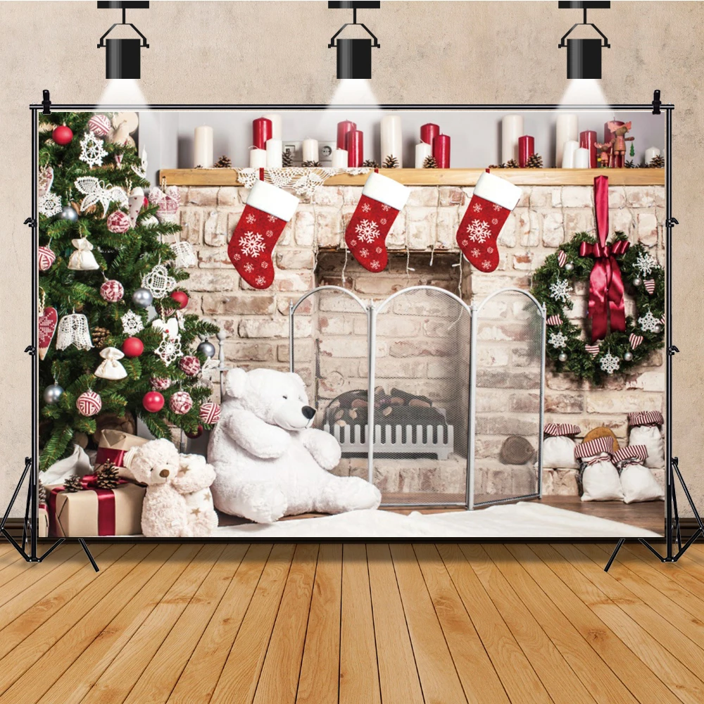 คริสต์มาสPhotozoneนาฬิกาGarlandเตาผิงภายในการถ่ายภาพพื้นหลังใหม่ปีตกแต่งบ้านฉากหลังPhotocall Photo Studio
