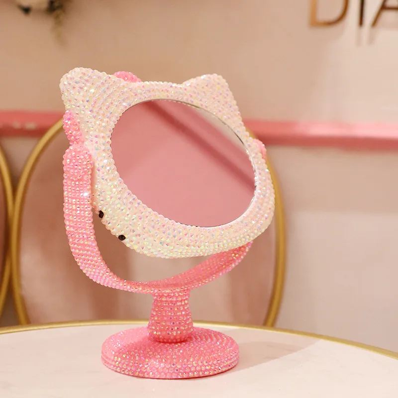 Hello Kitty Diamond Rotate Vanity Mirror Cartoon Shiny Rhinestones Sanrioed Anime Kawaii Mirror Pink Girl Heart Girlfriend Gift