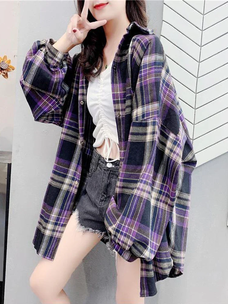 

Oversize Women Plaid Shirts Long Sleeve Loose Turn Down Collar Ladies Button Up Shirt Vintage Loose Korean Long Tops