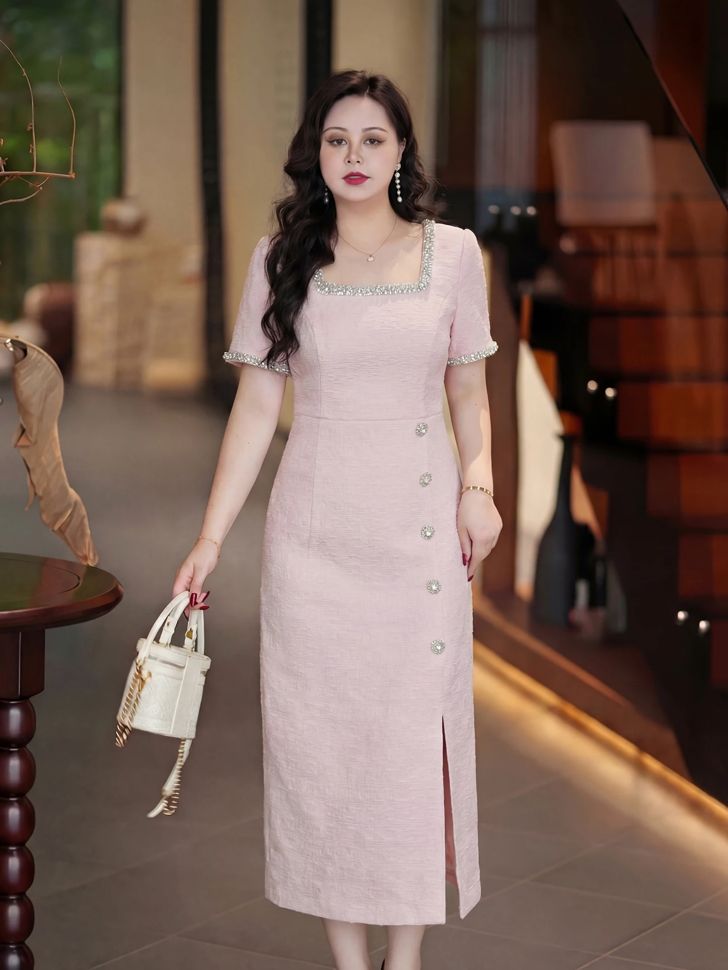 

Elegant plus Size Dave Women's Dress Diamond Embedded Square Collar Skirt Summer New Style High Waist Polka Dot A-Line Dress