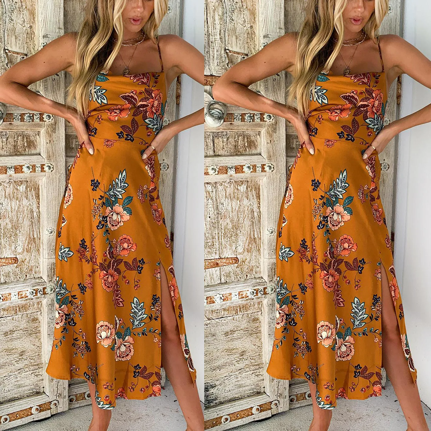 Frauen Neue Stil Gedruckt Floral Sexy Strap Split Kleid Hause Off-Schulter Rückenfreies Kleid Ärmellos
