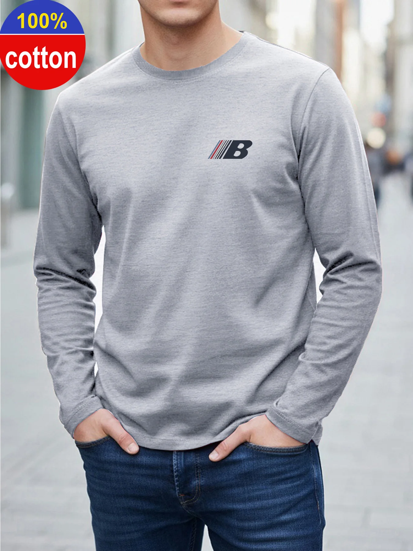 Men's 100% Pure Cotton Crew Neck Long Sleeve T-Shirt, Loose Fit, Fashion Pattern Print, Casual Versatile Top for Spring & Autumn