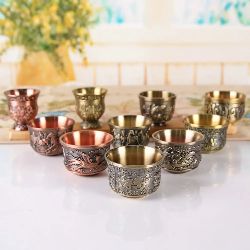 Retro Bronze Tea Cup Chinese Style Zinc Alloy Wine Glass Embossed Dragon Phoenix Pattern Business Party Gift