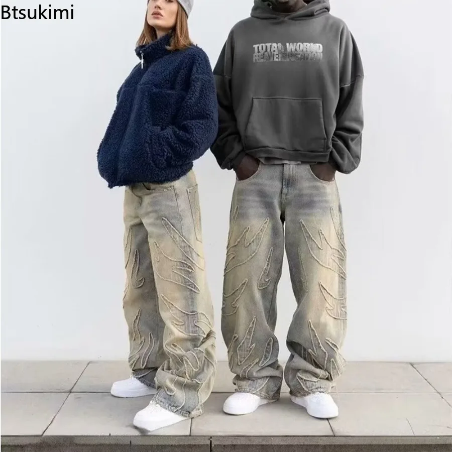 Men's American Style Harajuku Retro Bat Pattern Embroidered Loose Jeans Street Fashion Lazy Jeans Casual Comfortable Fit Pants